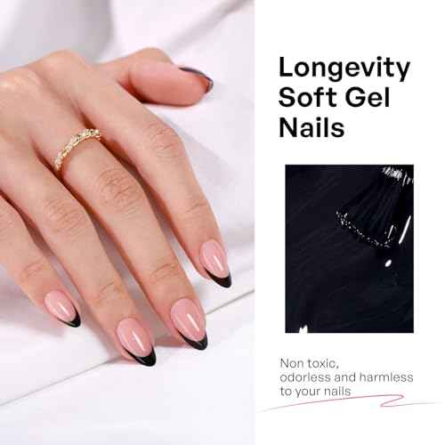 Black French Tip Press on Nails Halloween Fall - GJZEZ Soft Gel Short Almond Christmas Prom Fake Nails Press Ons, Salon Quality False Glue on Nail | 16 Sizes - 32 pcs Reusable Nail with Glue