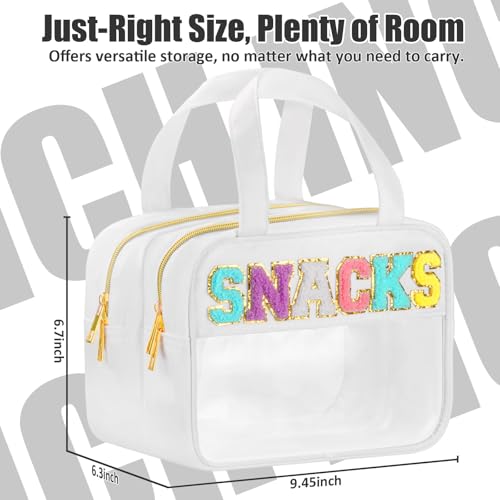 Chenille Letter Clear Makeup Bags Snacks Bag for Travel, Preppy Patch Nylon Cosmetic Pouch with Handles and Zipper, Waterproof Large Clear Travel Toiletry Purse Storage for Women White