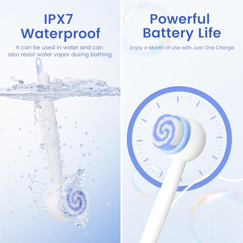 Electric Back Scrubber for Shower Body Brush, Waterproof Shower Body Scrubber for Cleansing, Massaging, Rechargeable Bath Brush for Kids & Adults with 2 Heads & 3 Speed Modes, Milk White XY0