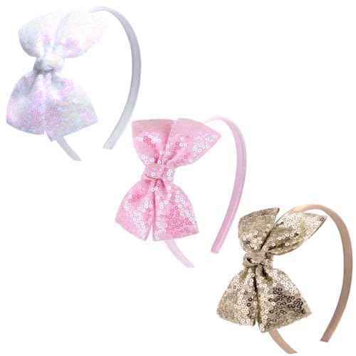 Kiszu Sparkly Sequin Hair Bow Headband for Girls, Kids, and Toddlers - Fashion Cute Boutique Style Hair Accessory - 3 Piece (White,Pink,Gold)