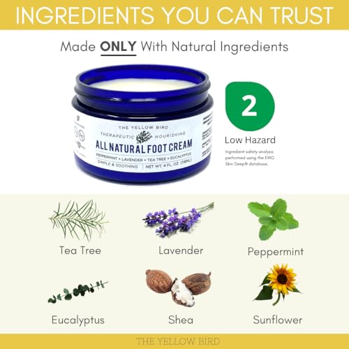 Yellow Bird Natural Tea Tree Foot Cream & Organic Foot Balm for Dry, Cracked Feet & Heels ? Peppermint Moisturizer for Athlete¡¯s Foot Relief and Intensive Callus Repair Treatment Salve ? Made in USA