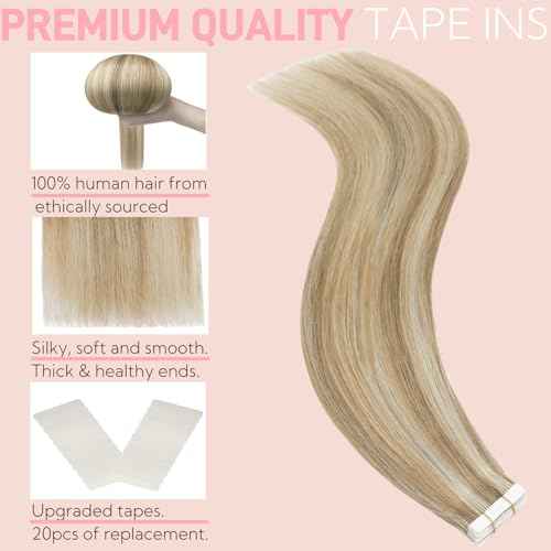 Tape in Hair Extensions Real Human Hair Double Stitched Invisible Seamless 20pcs 50g (Balayage Caramel Blonde to Bleach Blonde, 14 inch)