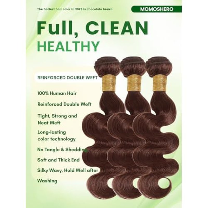 Chocolate Brown 3 Bundles Human Hair Body Wave, Soft Glossy 12A 100% Unprocessed Remy Virgin Hair Colored #4 Medium Dark Brown Bundle Wavy Classy Sew In Weaves Extension (3 Pcs, 12/14/16 IN)
