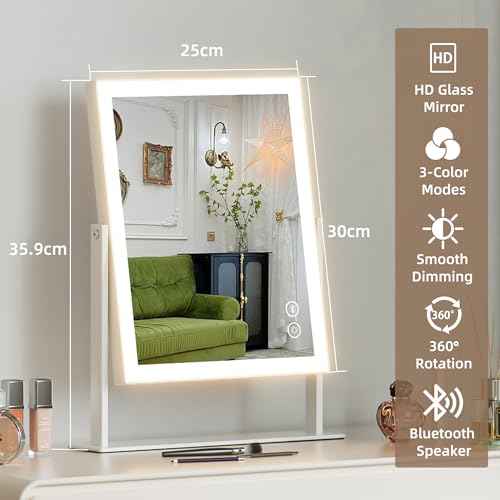 Hansong Vanity Mirror with Lights 11.8"x9.8" Lighted Makeup Mirror with Bluetooth Speaker Smart Touch Control LED Mirror with 3 Color Light Modes Detachable 10X Magnification and 360¡ÆRotation