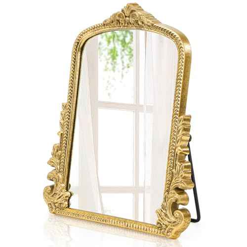 ZOOFOX Vintage Vanity Desk Table Mirror, 11.8" x 9.6" Arched Antique Makeup Mirror with Full Wooden Frame, Small Standing Carved Baroque Mirror for Living Room, Bedroom Dresser, Desktop Decor