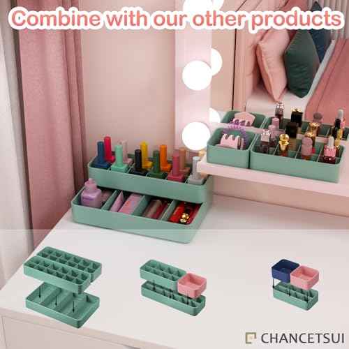 Organizer Holder for Lipstick Nail Polish: Lip Gloss Makeup Storage Drawer Organizers, Vanity Small Perfume Rack Plastic Tray Lipgloss Mascara Holders Stand Cosmetic Display Case 24 Spaces, Green