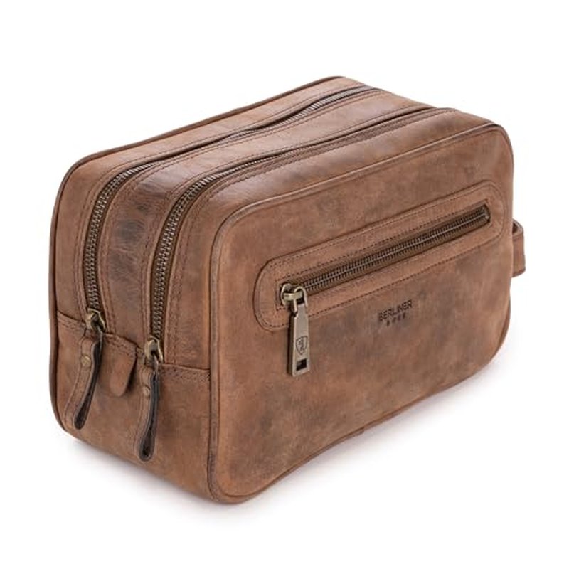 BERLINER BAGS Vintage Genuine Leather Toiletry Bag Max 2, Two Zippered Compartments, Large Capacity Cosmetics Bag for Men and Women for Travel - Brown