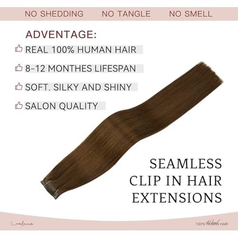 LOVELINE Seamless Clip in Hair Extensions Real Human Hair, Luxury Remy Human Hair Extensions Clip ins for Women, 22 Inch 110g 7Pcs, Chocolate Brown