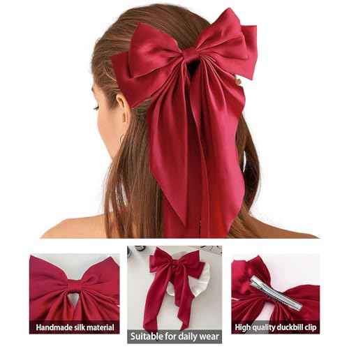 Large Red Satin Hair Bows, Clips, and Barrettes - Hair Accessories for Women, Christmas Gift