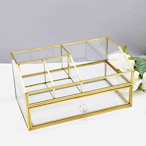 Glass Makeup Brush Holder, Makeup Brush Organizer Jewelry Display Box, Nordic Style Elegant Glass Makeup Organizer Nail Polish Lipsticks Eyeliners Holder for Vanity Bathroom Bedroom Office