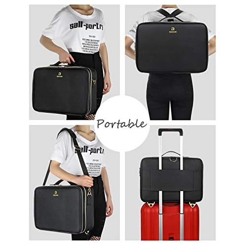 Relavel Makeup Case Large Makeup Bag Professional Train Case 16.5 inches Travel Cosmetic Organizer Brush Holder Waterproof Makeup Artist Storage Box, Large Capacity (Leather Black)
