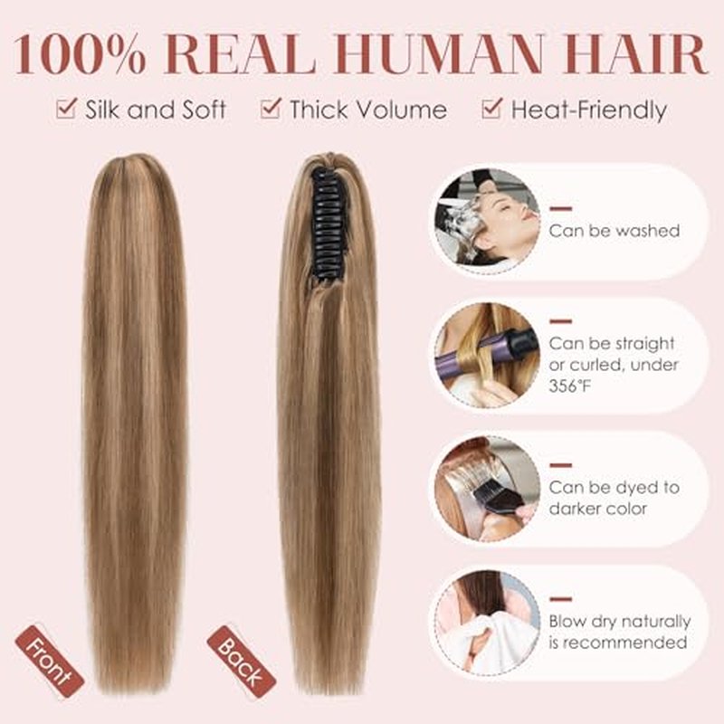 Human Hair Claw Clip Ponytail, Claw Clip Human Hair Ponytail,Effortless Application with Secure Hold,Style in Seconds,Quick Styling Solutions for Busy Lives 18"/113g Medium Brown Mix Dark Blonde