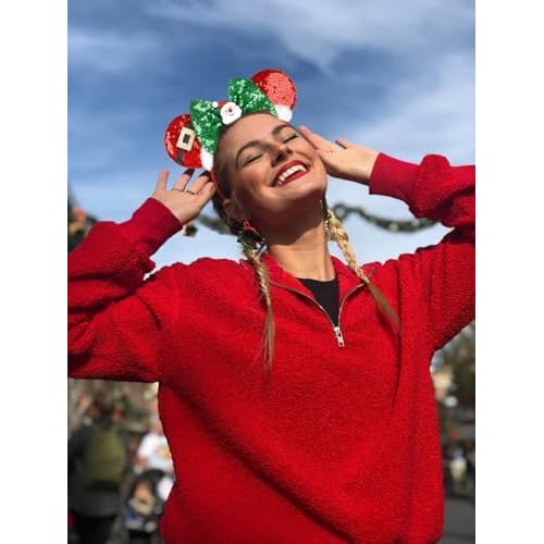 WOVOWOVO Christmas Mouse Ears Headbands for Women Girls, Bow Decoration Hairbands Red Sequin and White Snowflake Headband Party Cosplay Hair Accessories Costume, 2 Pack