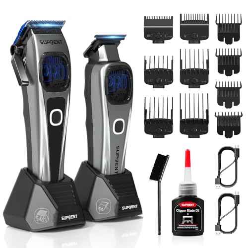SUPRENT Professional Hair Clippers for Men - Barber Clippers & Zero-gapped Trimmer Combo with Charging Stand, Up to 10000 RPM Max Motor Speed, Blue Titanium-Coated Blades (Gray)