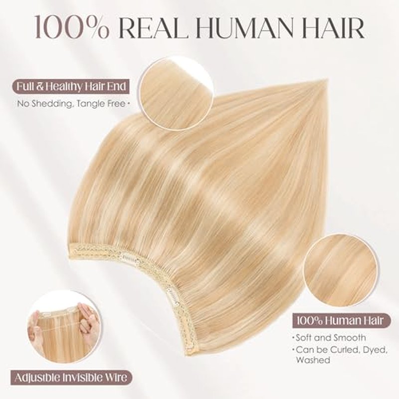 Elailite Halo Hair Extensions Real Human Hair for Women Ash Blonde & Bleach Blonde Clip in Remy Hairpiece with Adjustable Invisible Wire 22 Inch 75G