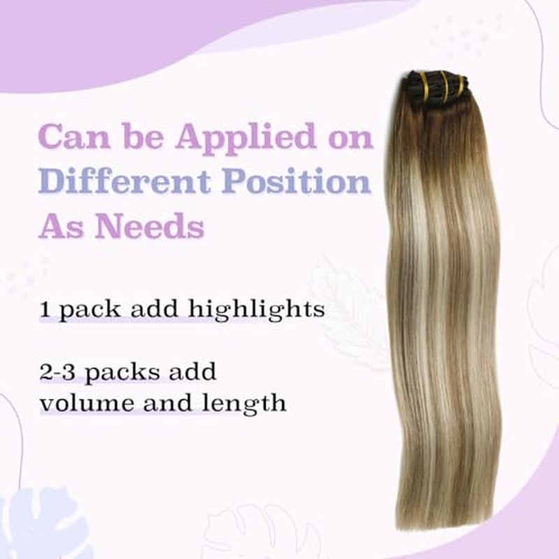 Sindra Clip in Hair Extensions Real Human Hair 18Inch Balayage Dark Brown Ombre Light Brown Blonde Hair Extensions Real Human Hair Clip ins Remy Straight For Woman 120G 6Pcs(clip#3/8/22 18inch)