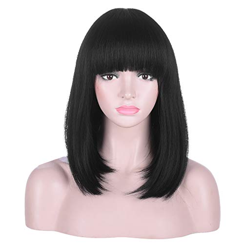 15 Inch Short Straight Black Bob Wig with Bangs | Natural Heat Resistant Synthetic Hair for Women