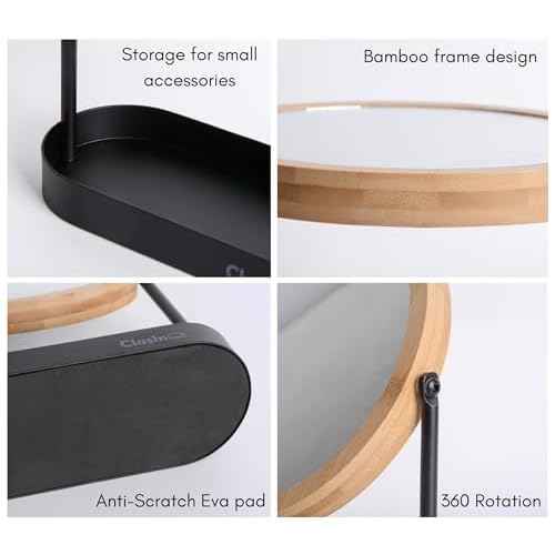 Bamboo Makeup Mirror with Storage, Double Sided Vanity Mirror 360¡Æ Rotation, 1X 3X Magnifying Table Mirror for Desk, Bathroom, Bedroom, Dressing Table