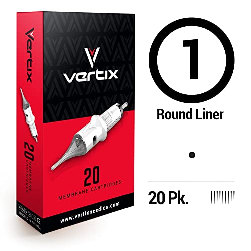 Vertix - 1 Round Liner, Pack of 20 Membrane Tattoo Machine Cartridges - Transparent Detachable Tip, Minimize Tattoo Pen Machine Vibration