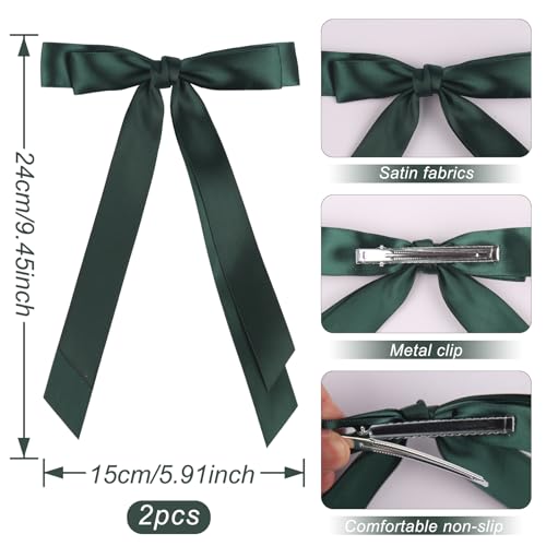 Totelux Green Bow Hair Clips Silky Satin Hair Ribbon Ponytail Holder Hair Bows with Long Tail Bowknot Hair Barrette for Women Girls Hair Accessories 2Pcs