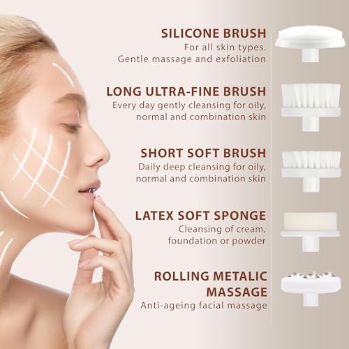 Face Scrubber | Facial Cleansing Brush Exfoliator Skin Care Products Beauty Products Powered Electric Wash Exfoliating Spin Cleanser Cleaning Scrub Including 7 Heads (Rose Quartz)