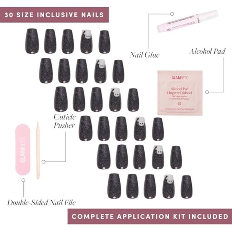 Glamnetic Press On Nails - Phantom Glow | Opaque Black Glitter & Glow-in-the-Dark Ghost Medium Coffin Fake Halloween Nails, Salon Quality | 15 Sizes - 30 Nail Kit