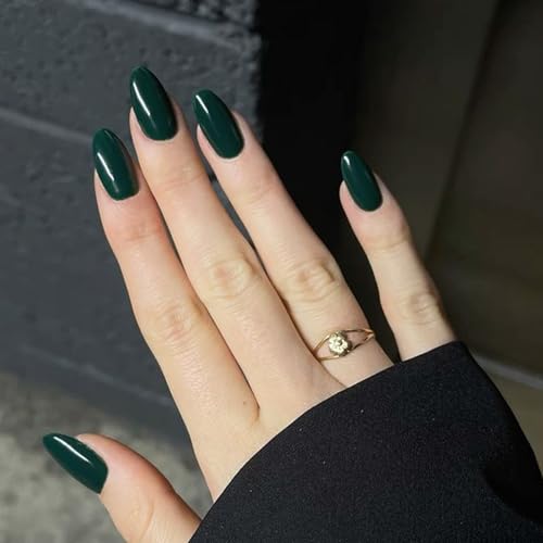 Modelones Dark Green Press on Nails Almond, Christmas Short Almond Fake Nails, Reusable Nail Kit with Nail Glue Adhesive Tabs Mini Nail File, Nails Press Ons 32Pcs 16 Sizes