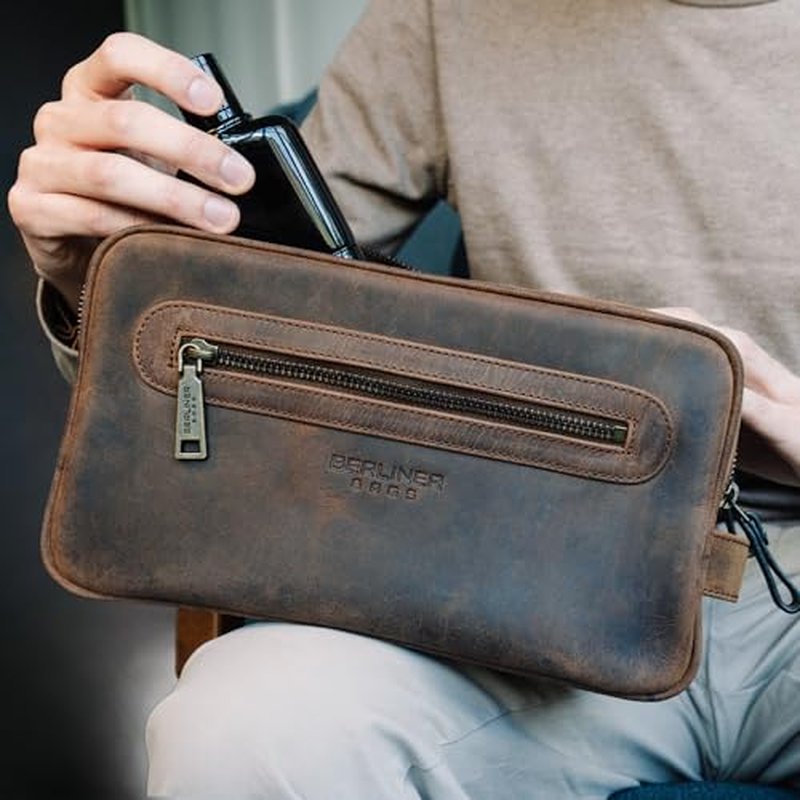 BERLINER BAGS Vintage Genuine Leather Toiletry Bag Max 2, Two Zippered Compartments, Large Capacity Cosmetics Bag for Men and Women for Travel - Brown