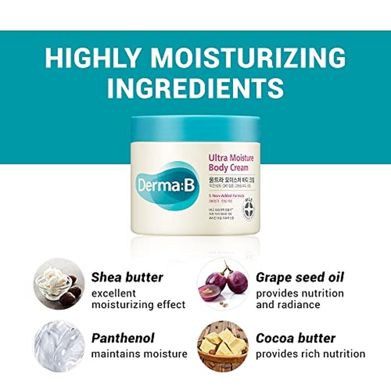 Derma B | Ultra Moisture Body Cream | Moisturizer for Dry Skin | Body Skin Care | Body Balm for Sensitive Skin | Olive Oil and Allantoin | 48 Hour Lasting Skin Moisturization | 14.54 fl oz (430ml)