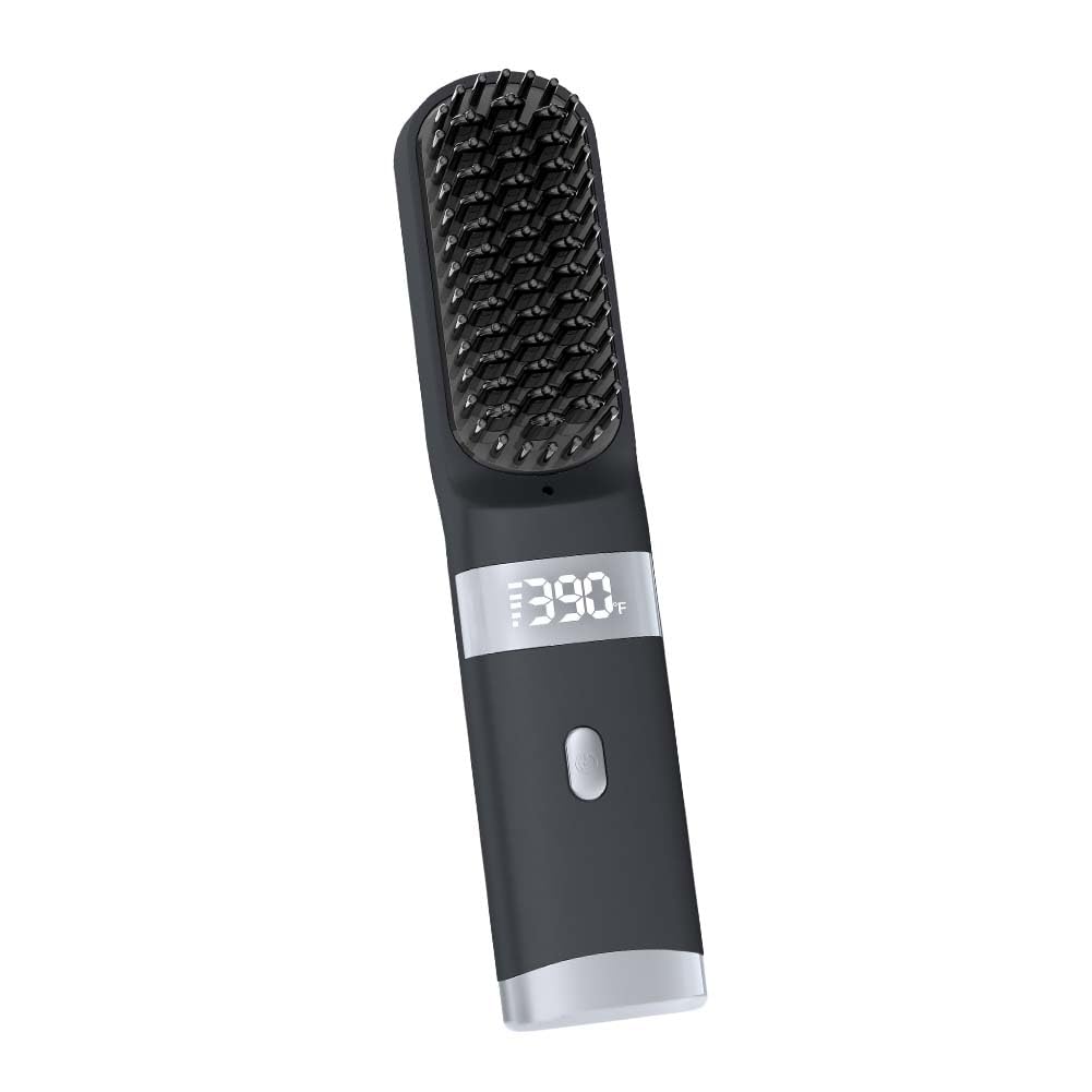 Cordless Hair Straightener Brush Portable on The go Comb for Travel USB chargingTwo Power sources30s Fast HeatingLCD Large Screen Display (Black) 040404