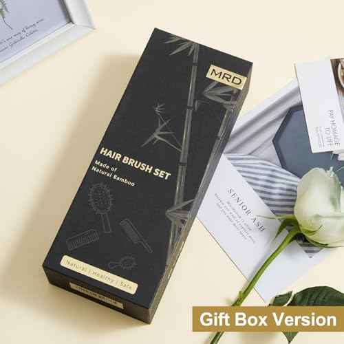 MRD Bamboo Hair Brush Set, 4-Piece Detangling Hairbrush and Comb Kit, Paddle Brush for Women Men Kids, All Hair Types-Gift Box