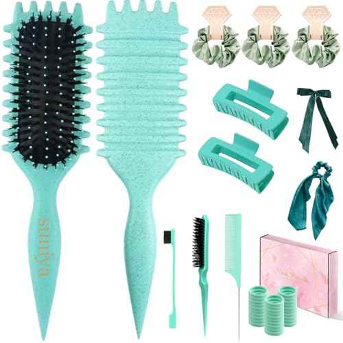 Curly Hair Brush,Curl Defining Brush,Slick Back Hair Brush,Rat Tail Comb,Edge Bristle Brush,Clip Claw,Bow,Satin Scrunchies,No Damage Hair Ties,Scarf Hair Ties,Gifts For Women,Best Gift Set(Green)