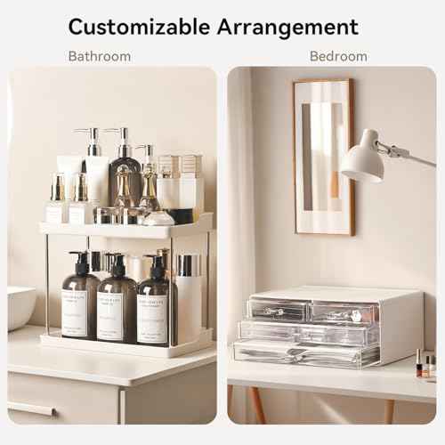 Bathroom Organizers and Storage, 5-Tier 4-Drawer Makeup Organizer Countertop, Multi-Purpose Large Makeup Vanity Organizer, Hair Product, Perfume & Skincare Storage, White
