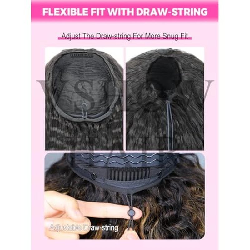 V SHOW Wear Go Glueless Half Wig Human Hair 1B/30 Highlight Water Wave Bod Wigs 3 In 1 Curly Half Wigs 180% Density Drawstring Seamless Fit Strap Flip Over Headband Wig 14 Inch Beginner Friendly