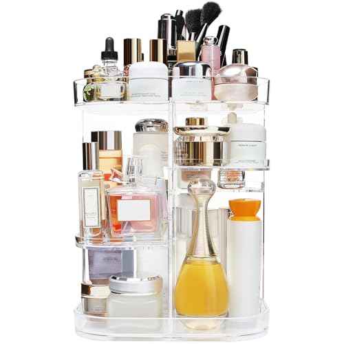 360-Degree Makeup Organizer, DIY Adjustable Rotating Cosmetic Storage Carousel Spinning Holder Storage Rack with 5 Layers Large Capacity, Best for Countertop, Square