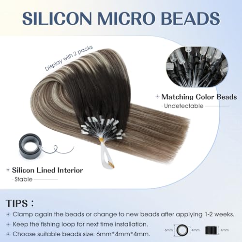 Hairro Microlink Human Hair Extensions Remy Highlight Pre Bonded Cold Fusion Keratin Glue T Tip Hairpieces For Women 16 Inch 50g 50 Strands #1BT4P60