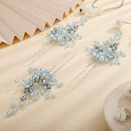 Teyglen Hair Pins Set, Women Dainty Pearl Crystal Hair Pins, Mint Green, Vintage Style, Rhinestone and Pearl Headpieces, Jewelry Accessories for Women and Girls, 3 Pieces