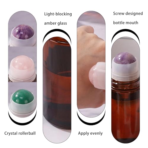 1.7oz Large Amber Glass Roll on Bottles for Essential Oils Perfume Refillable Roller Ball Applicator Empty Deodorant Containers with Pink Crystal Rollerball
