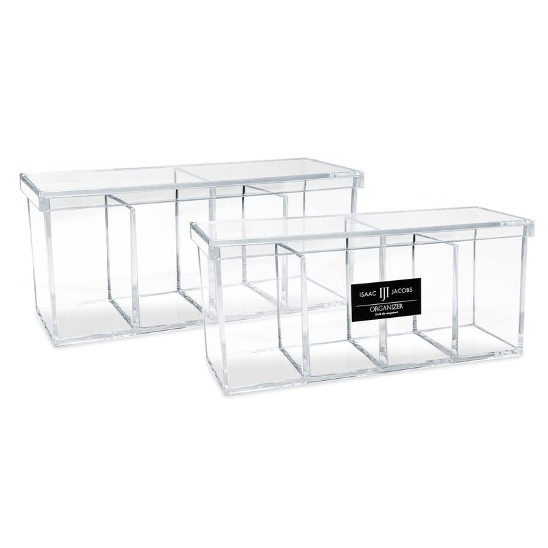 Isaac Jacobs 2-Pack 4-Compartment Clear Acrylic Organizers with Lid (9” L x 3” W x 4” H), Makeup Brush Holder, Sectional Tray, Storage Solution for Makeup, Crafts, Office Supplies & More (2, Clear)
