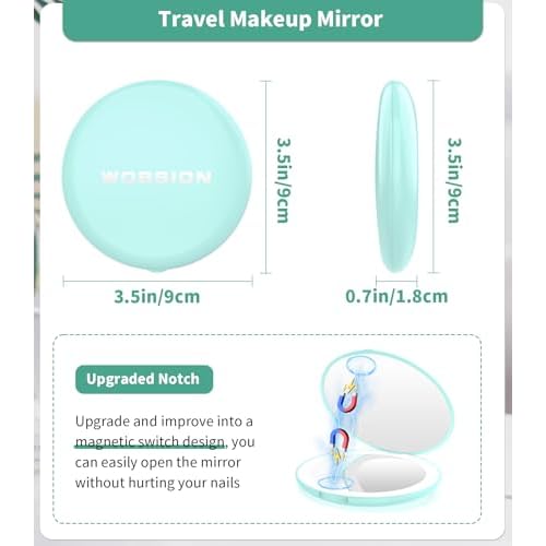 WOBSION LED Lighted Travel Makeup Mirror, 1x/10x Magnification, Compact, Portable for Handbag, Purse, Pocket, 3.5 inch Illuminated, Folding, Handheld, 2-Sided, Round, Cyan