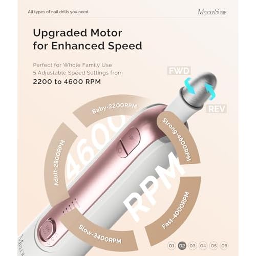 MelodySusie Professional Manicure Pedicure Kit,8-in-1 Electric Nail Drill Set with 5 Speeds,Rechargeable Cordless E-File with 360¡Æ LED Light,Perfect Hand Foot Care Trimmer Polish Tools - PC760G