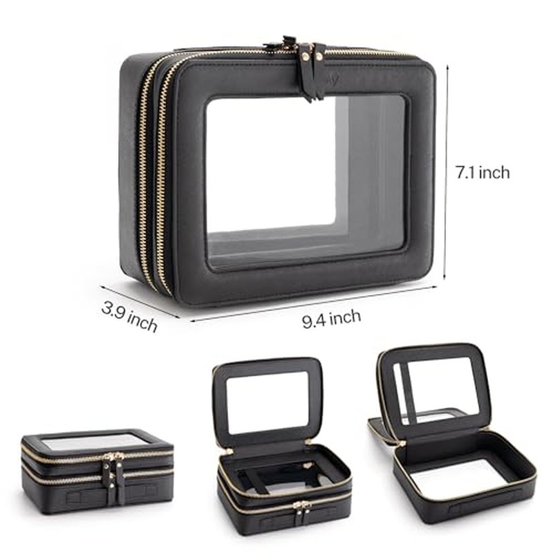 Aveniee XL Clear Makeup Organizer,Double Layer Travel Cosmetic Case with Brush Holder & Zippered Compartments,Big Toiletry Bag for Travel Accessories,2 Layers Large,Black