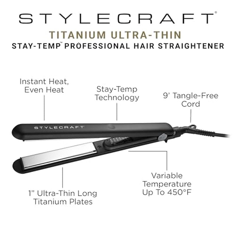 StyleCraft STAY-TEMP Professional 1-Inch Titanium Flat Iron, Titanium Ultra-Thin Hair Straightener for All Hair Types