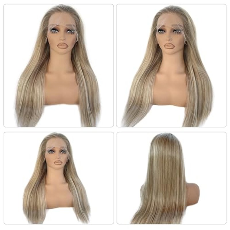 Ombre Blonde Lace Front Wig Human Hair for White Women Ash Brown Roots to Ash Blonde with White Platinum Highlights Glueless Wigs Human Hair Pre Plucked with Baby Hair 180% Density Straight 20 Inch
