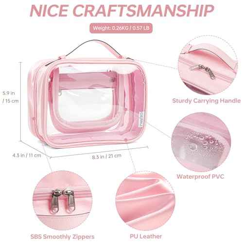 Clear Makeup Bag Toiletry Bag for Women 4 Compartments Travel Cosmetic Case Large Capacity Waterproof Skincare Pouch Organizers with Zippe Deep Pink