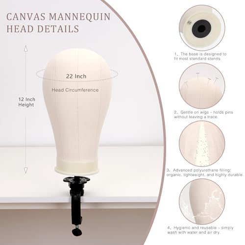 22'' Canvas Wig Head with 61'' Adjustable Tripod Stand, Mannequin Head Set for Styling, Display ? Includes Caps, Elastic Bands, Stand & Tool Kit for Beginners and Professionals