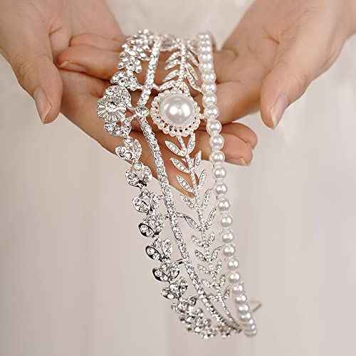JWICOS Tiaras and Crowns for Women Pearl Wedding Tiara for Bride Baroque Queen Crown Rhinestone Hair Accessories for Birthday Pageant Prom