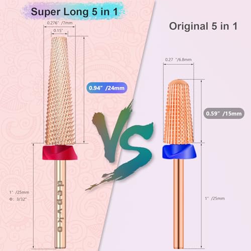 Depvko Super Long 5 in 1 Nail Drill Bits, 3/32'' Carbide Tungsten Bits, Two Way Rotate Professional Advanced Safety Bits for Nail, Fast Remove for Manicure Pedicure (Long 5in1-Rose Gold, Fine-F)