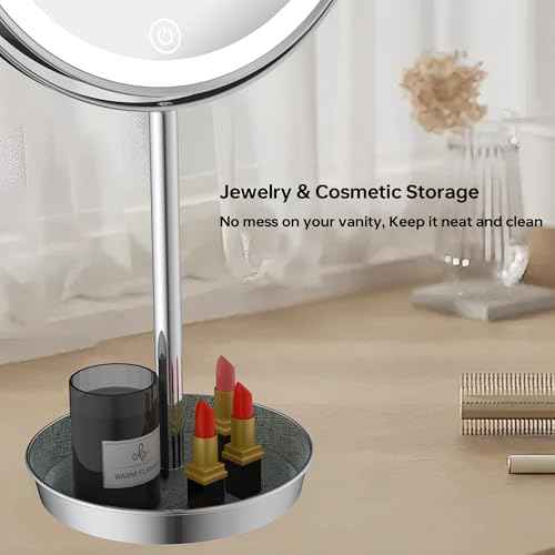 8" Lighted Makeup Mirror with 3 Color Lights and 1X 10X Magnification, Magnifying Vanity Mirror with Jewelry Holder and Storage Base, Dimmable,Touch Control, Chrome