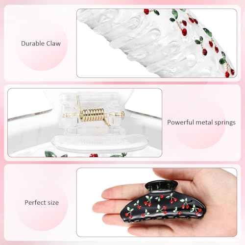 2 PC Acrylic Hair Clips Claws for Women with Rhinestone Red Cherry Claw Clip Cute Aesthetic Hair Fix Hair Clips Birthday Day Gifts for Women (White, Black)